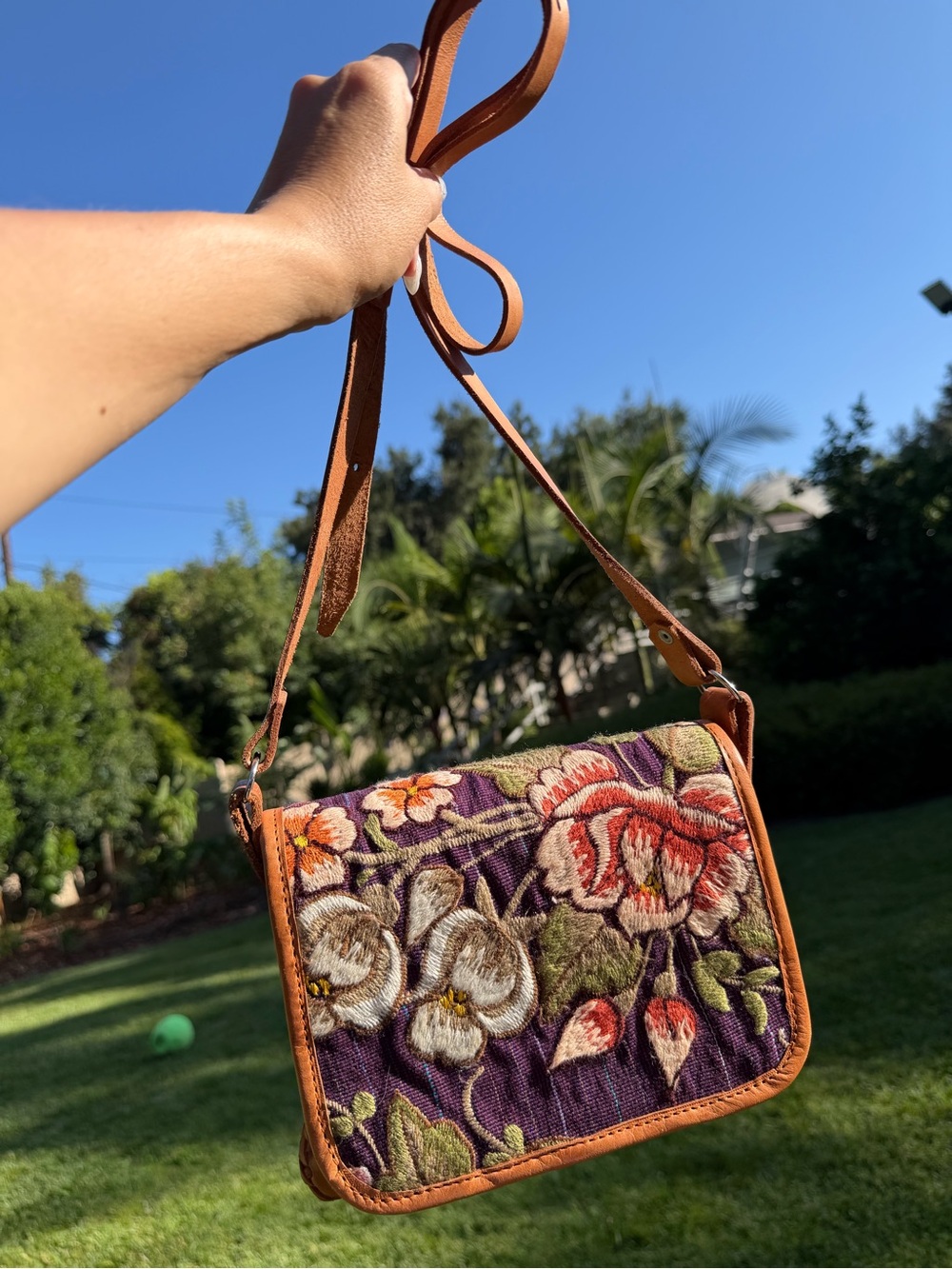 Embroidered Floral Crossbody Bag - Purple/Tan